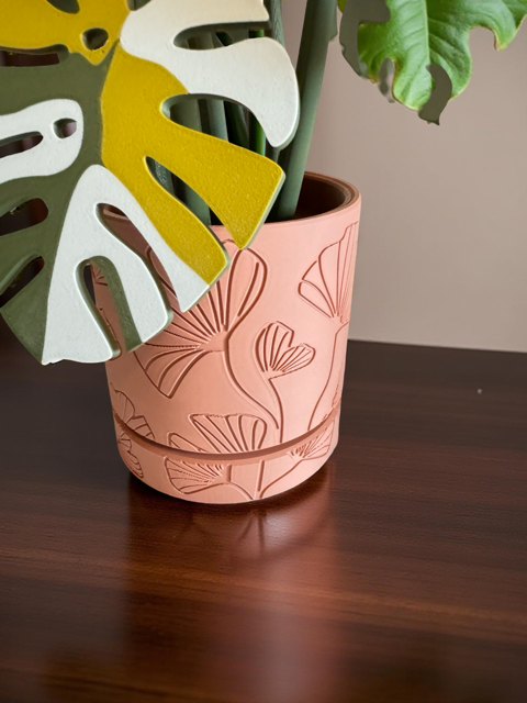 Green Monstera Coaster Set in Pink Floral Pot