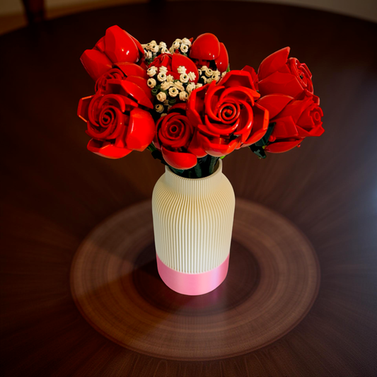 White Ribbed Vase with Pink Satin Detail for Lego Flowers or Artificial Flowers