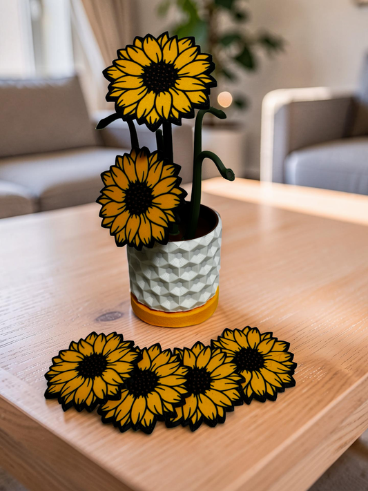 SunFlower Coaster Set with Magnetic Holder | 6 Flower Coasters | Modern decor
