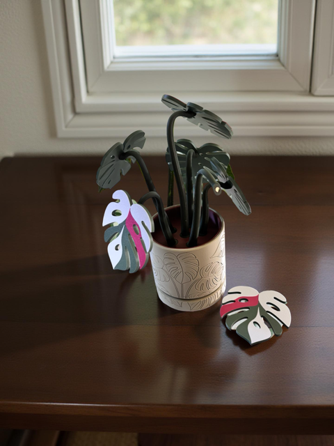 Green Monstera 6 Piece Coaster Set in Light Green Floral Pot